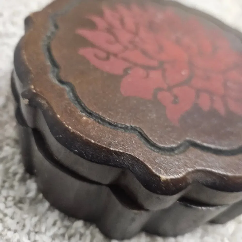 Lucky Brand Wooden Trinket Box Hand Carved Red Floral Boho Jewelry Box India